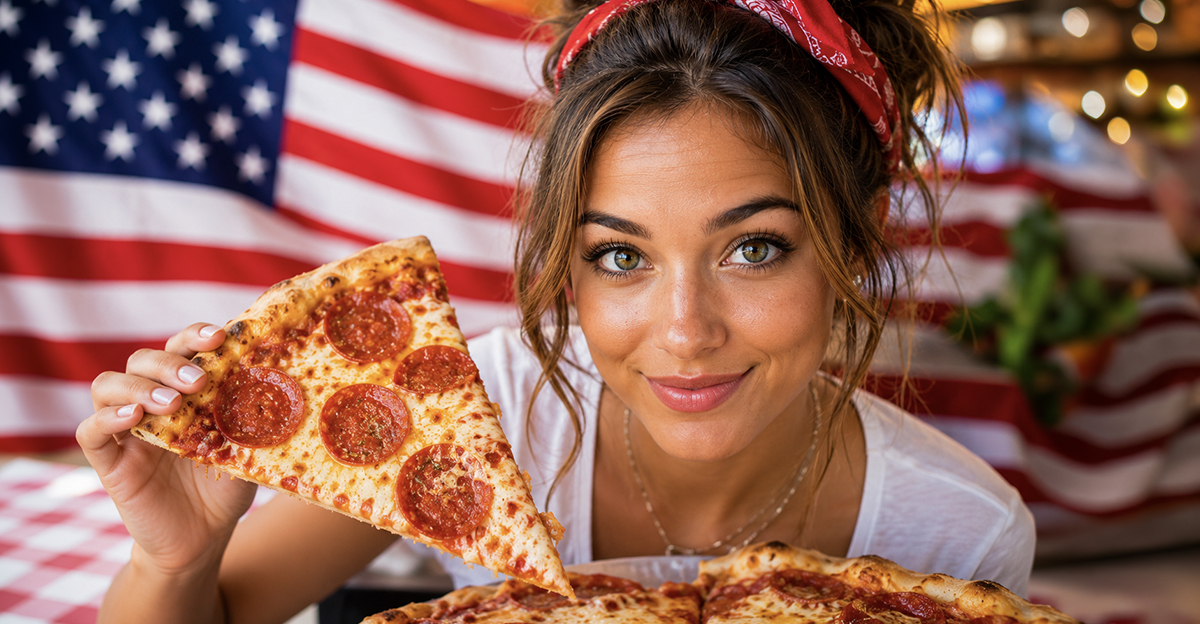 Woman holding up a slice of pizza.