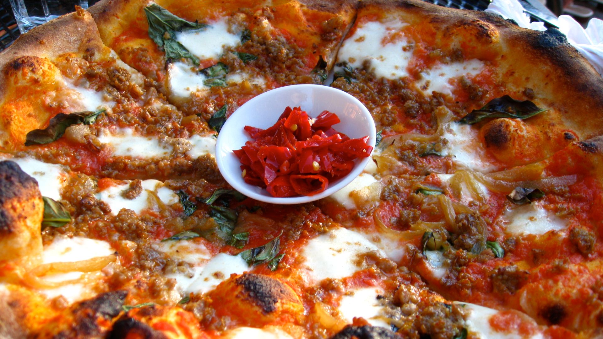 A pizza from Ken's Artisan Pizza in southeast Portland, Oregon, United States.