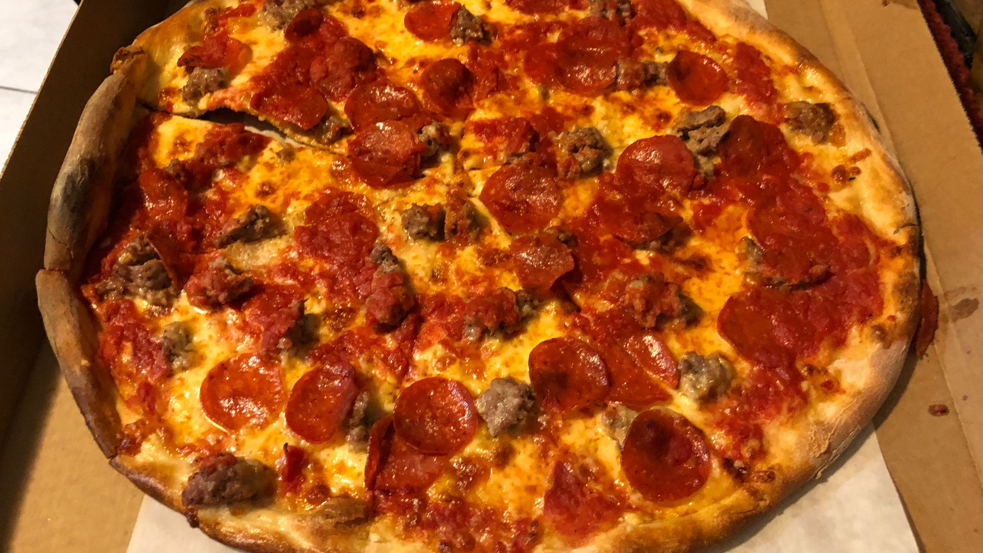A pepperoni and sausage tomato pie from Papa's in Robinsville Township, Mercer County, New Jersey
