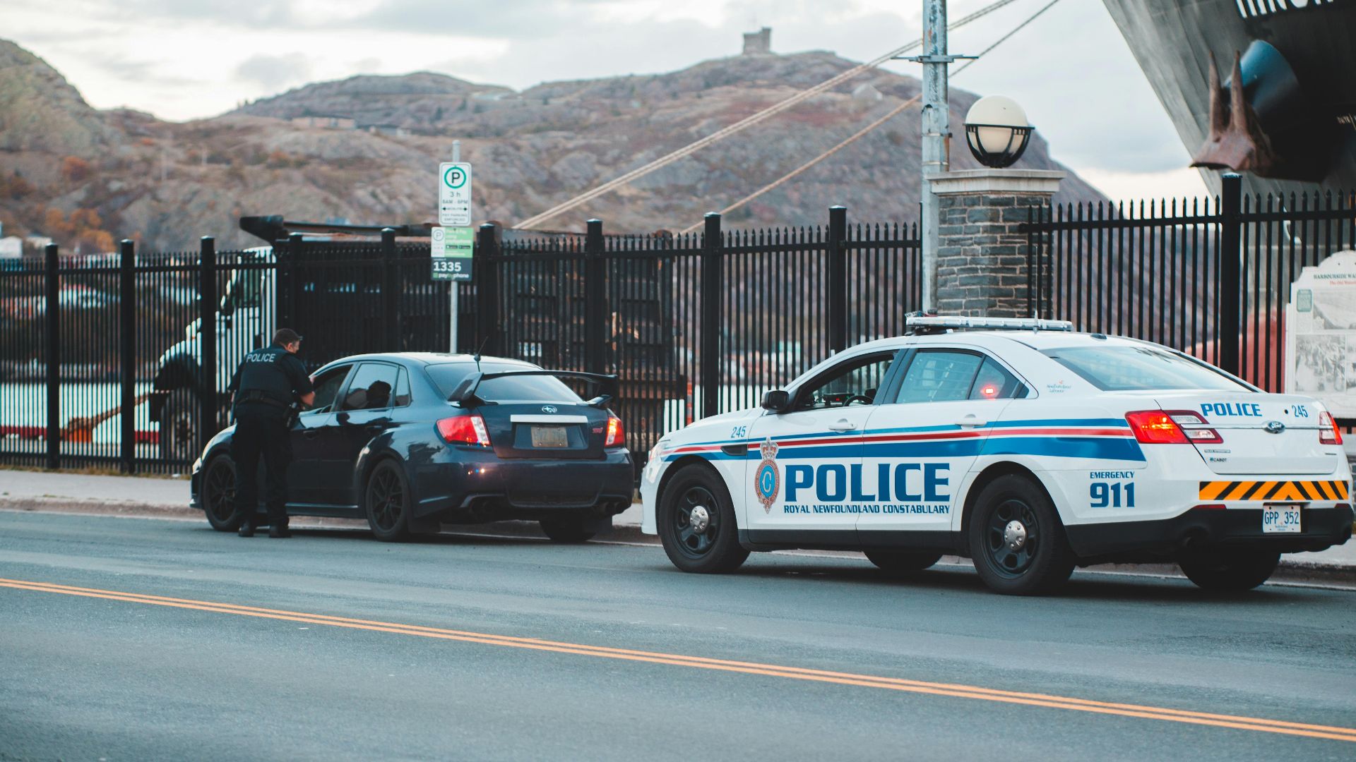 Back view of unrecognizable police officer in uniform checking modern car parked on asphalt road against cloudy sky