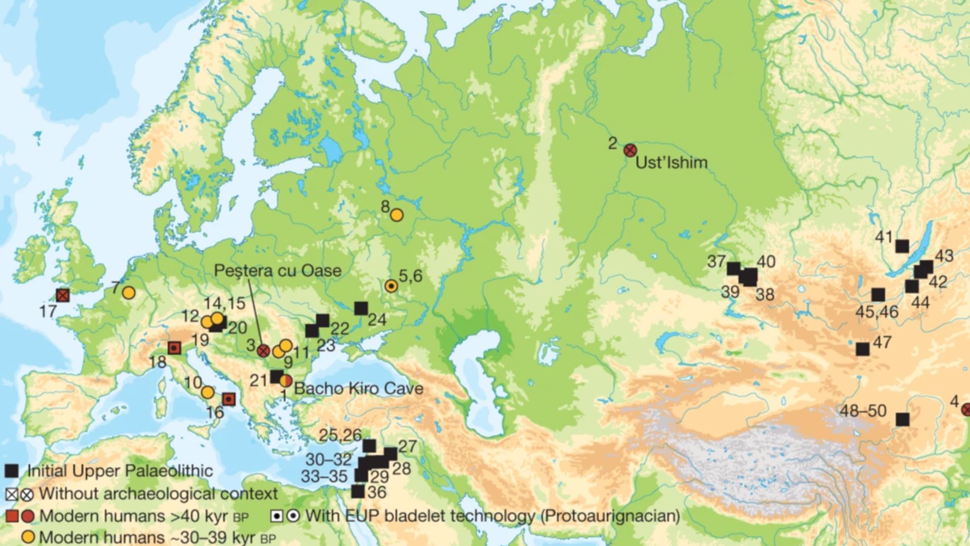 Sites with modern human genome-wide data older than 40 kyr bp (red circles) or older than 30 kyr bp (yellow circles), sites in Europe with modern human remains older than 40 kyr bp (red squares) and sites with Initial Upper Palaeolithic (IUP) assemblages 