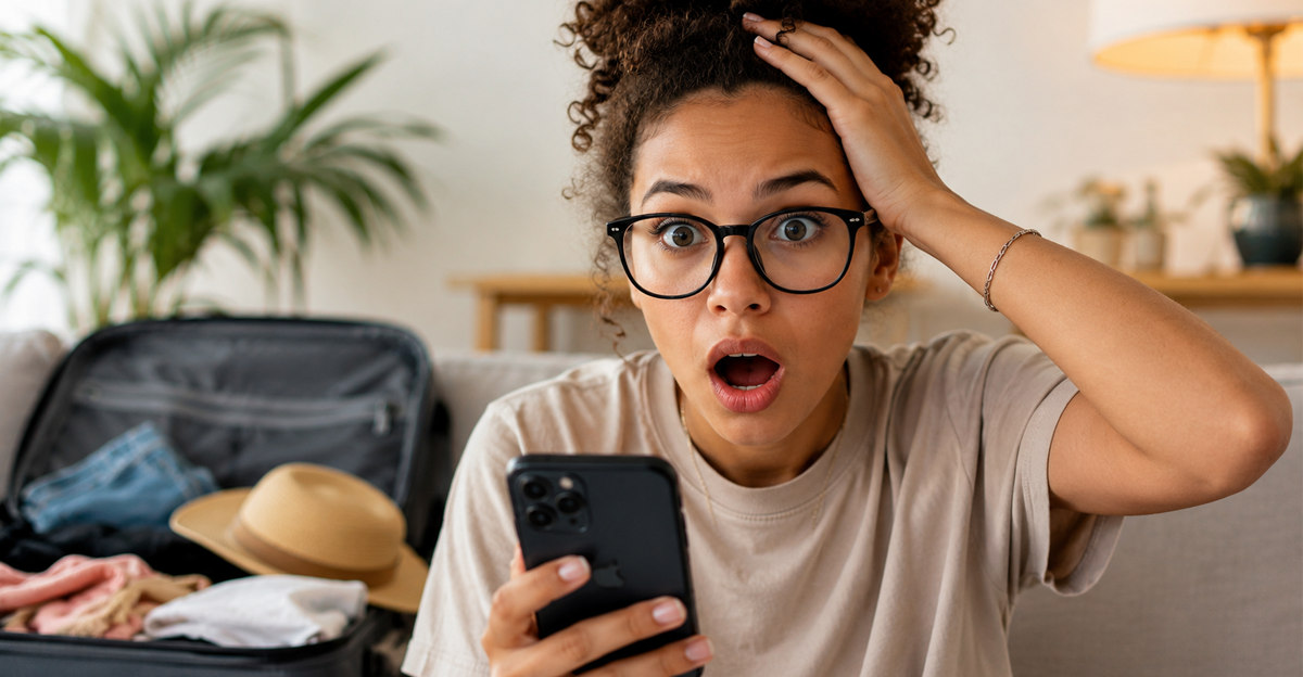 Woman with glasses holding phone looking shocked