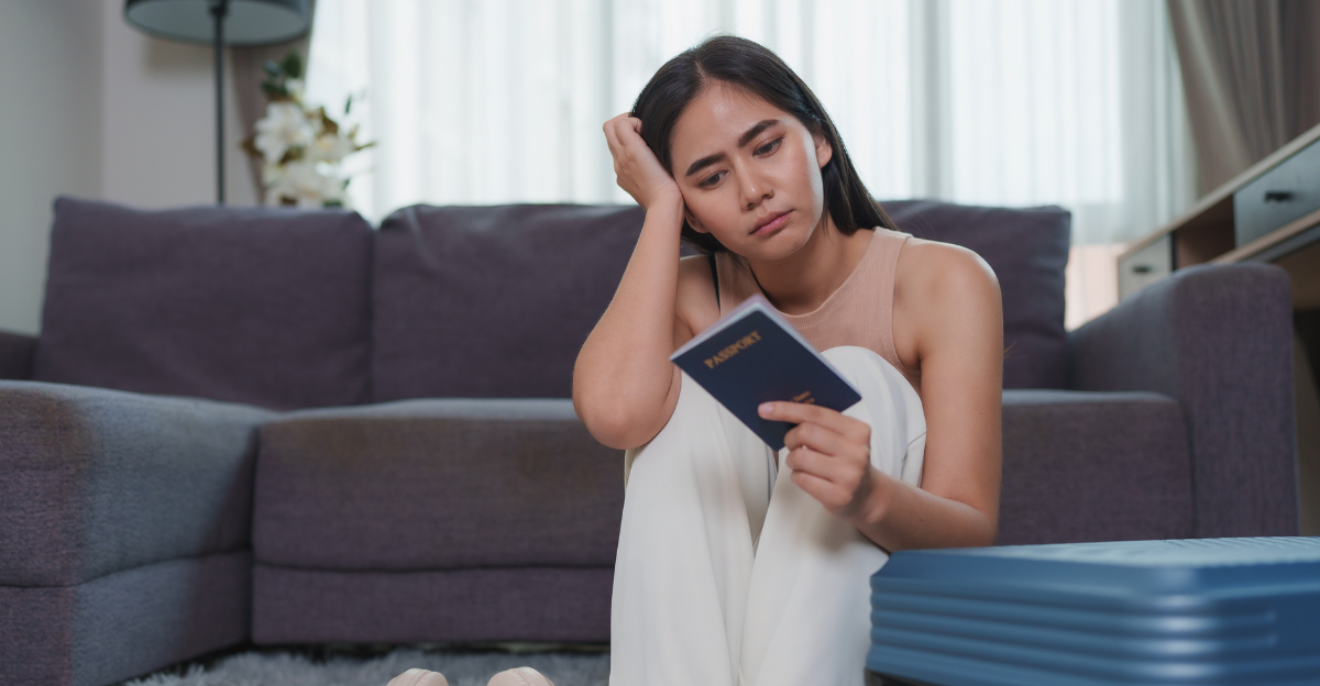 Sad tourist woman with a worried expression holding passport 