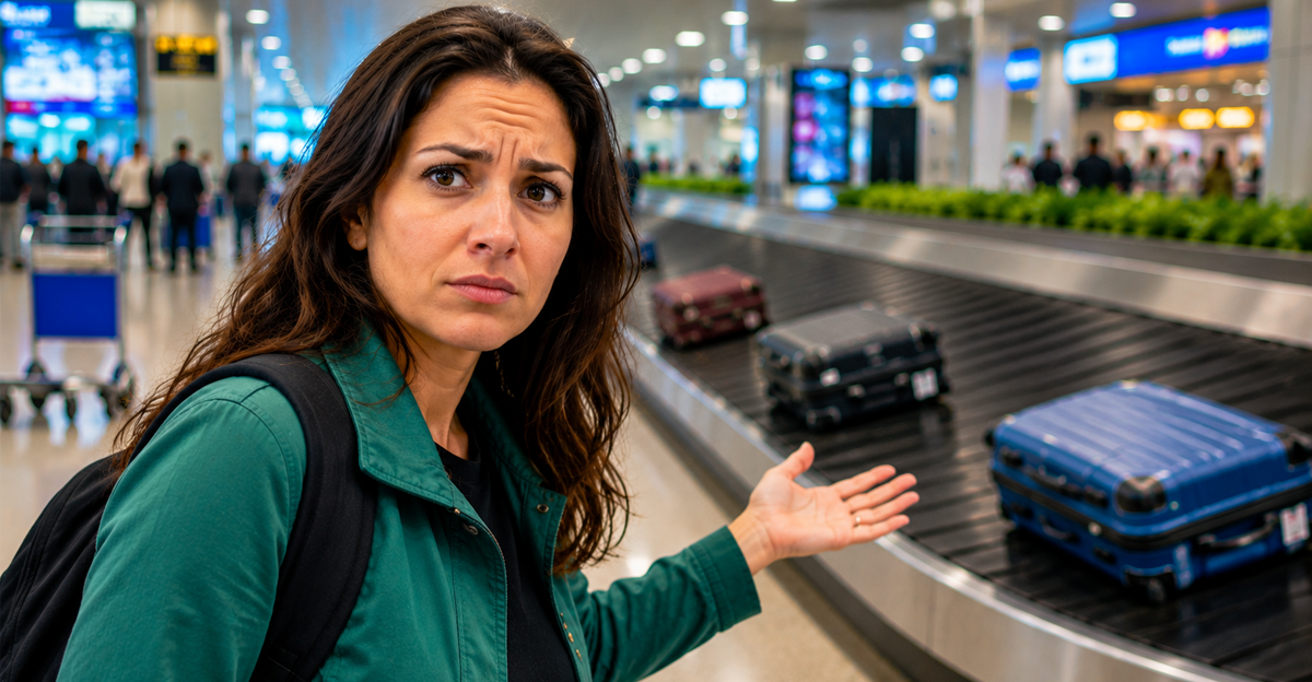 Woman in green jacket standing beside baggage claim