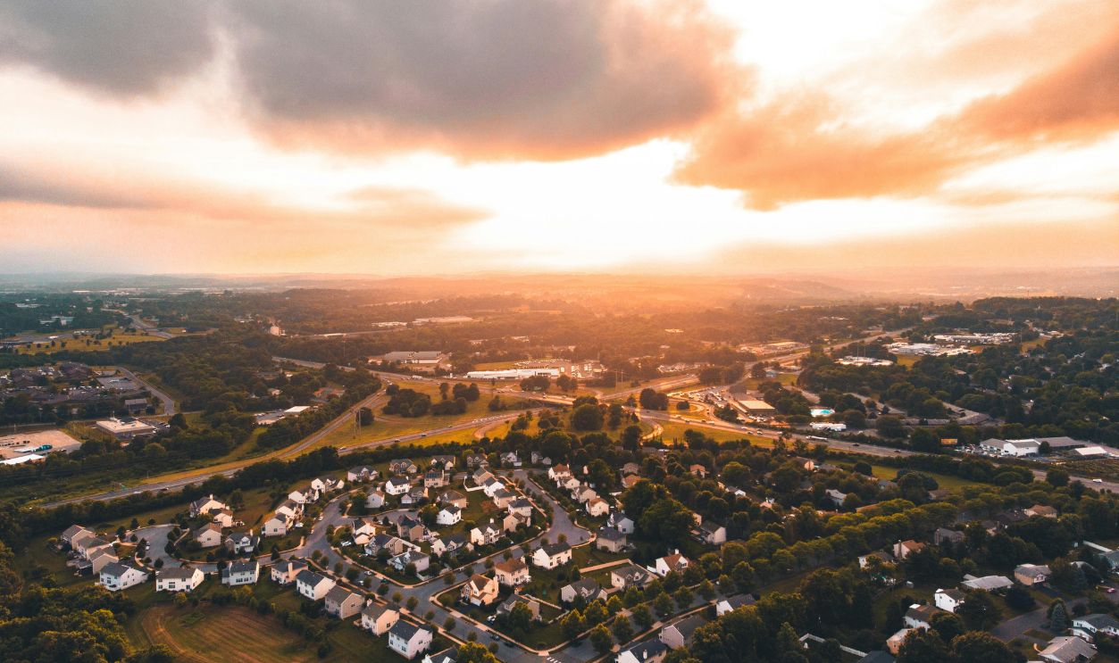 Stunning aerial photograph capturing a residential area in Allentown, PA during sunset.