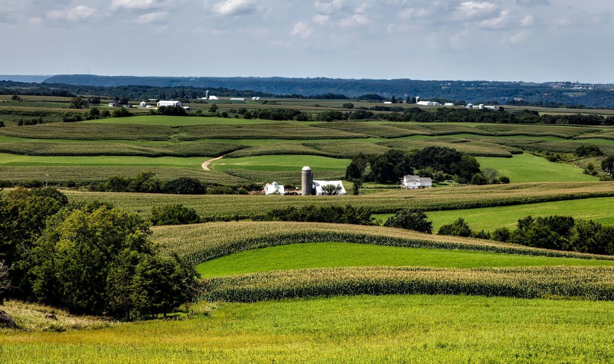 A picturesque view of rolling farmland and fields in Sherrill, Iowa under a clear sky