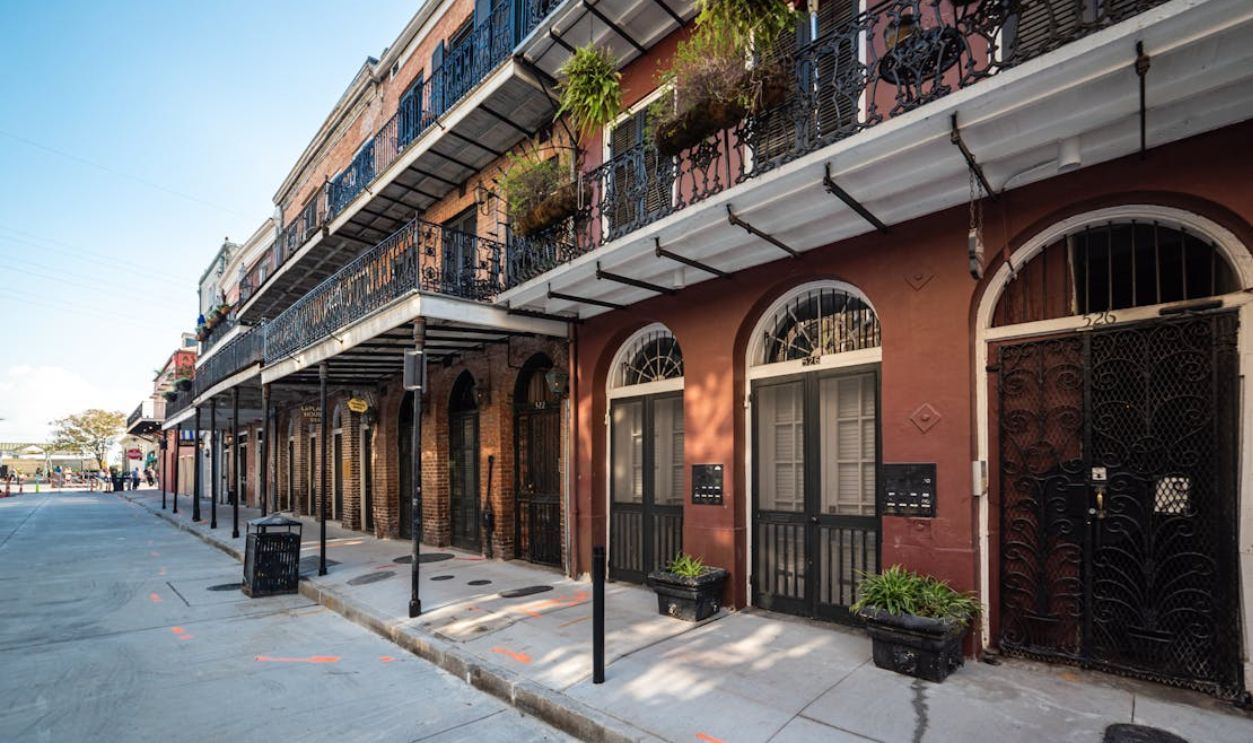 Iconic ironwork balconies of a historic New Orleans street in the French Quarter