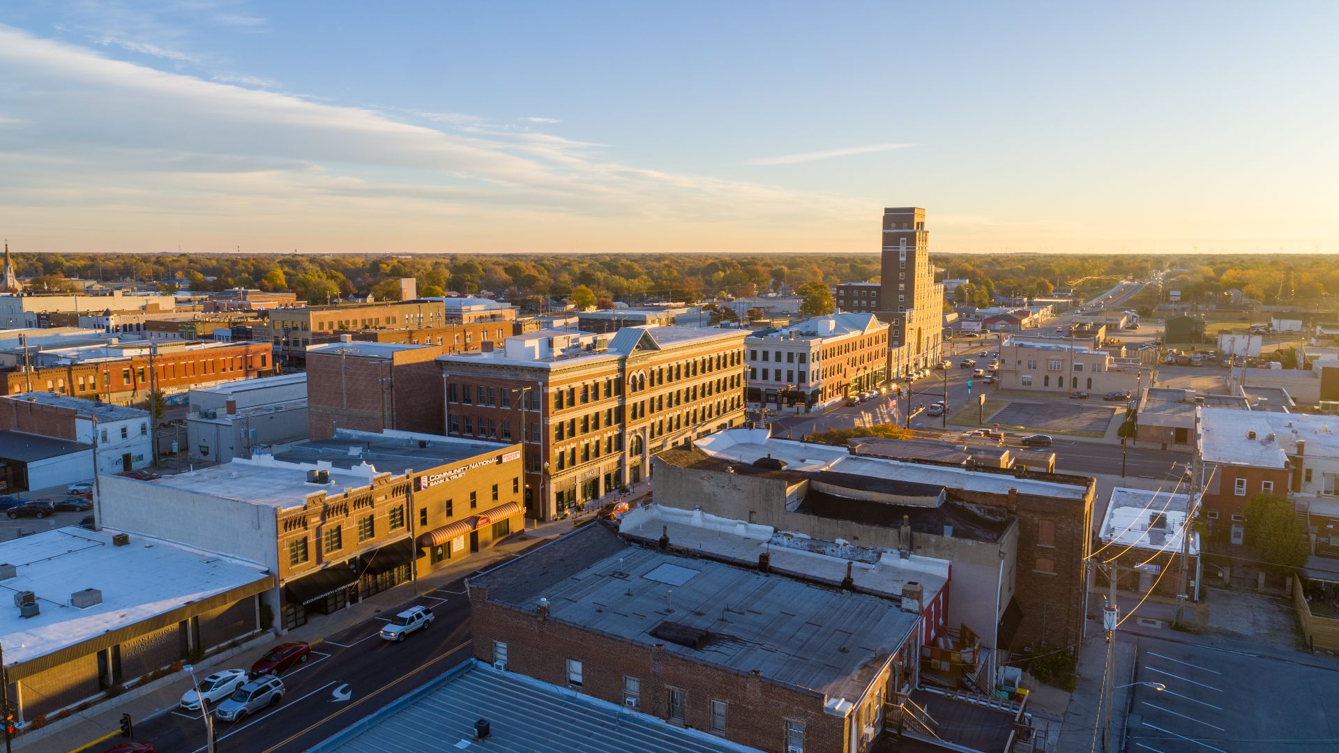 Downtown Pittsburg, Kansas drone image taken in the Fall of 2022 looking east from Fourth and Pine Streets.
