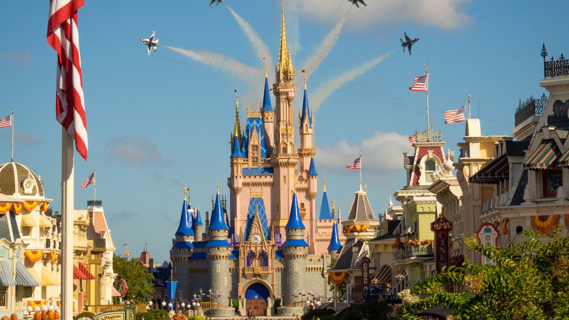 The United States Air Force Air Demonstration Squadron “Thunderbirds” perform a flyover over Magic Kingdom Park and EPCOT, Florida., October 30, 2023. The Thunderbirds performed the flyover to help kick off National Veterans and Military Family Month. (U.