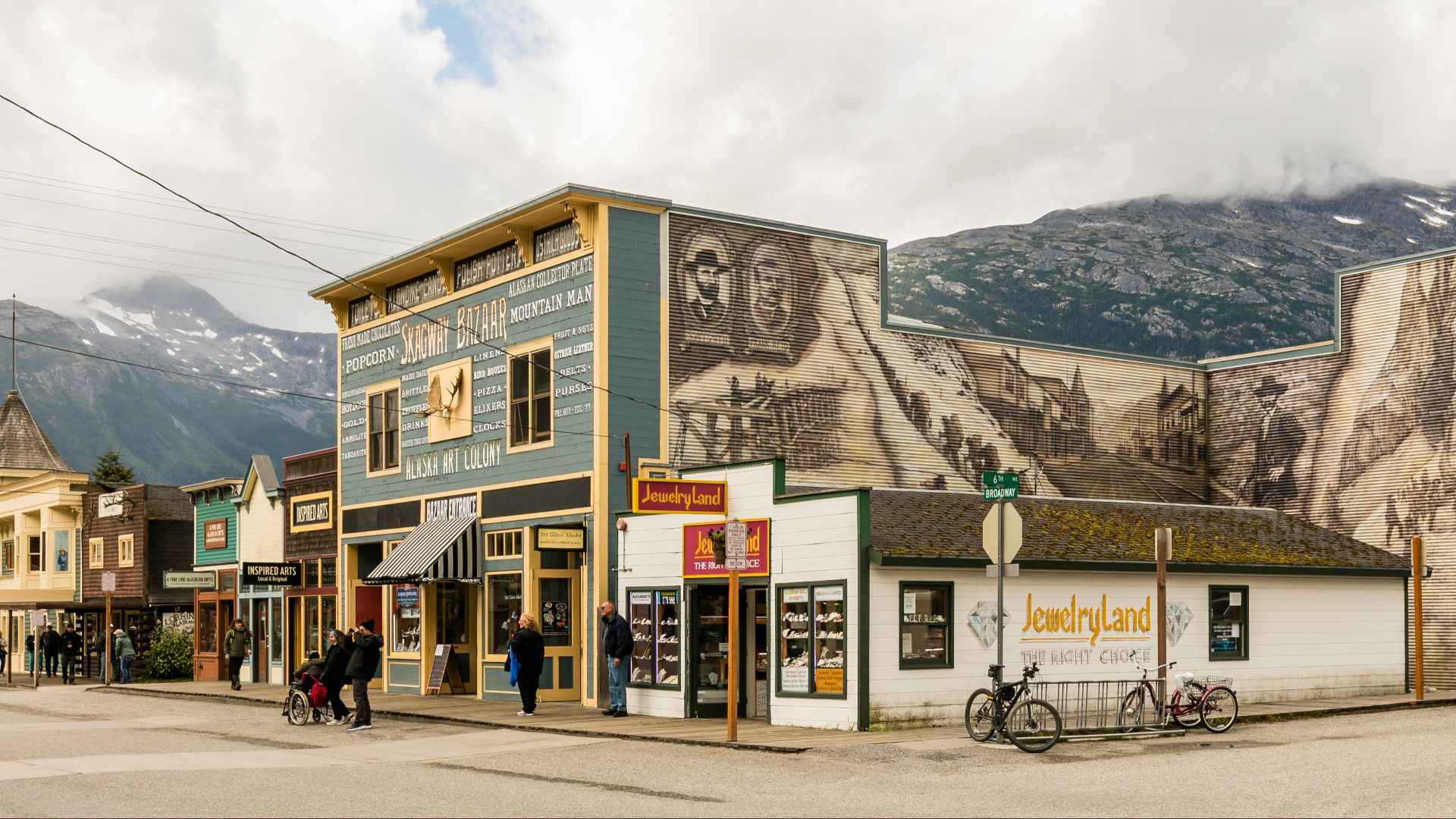 Shops in Skagway Historic District in traditional wooden style, Alaska, United States.