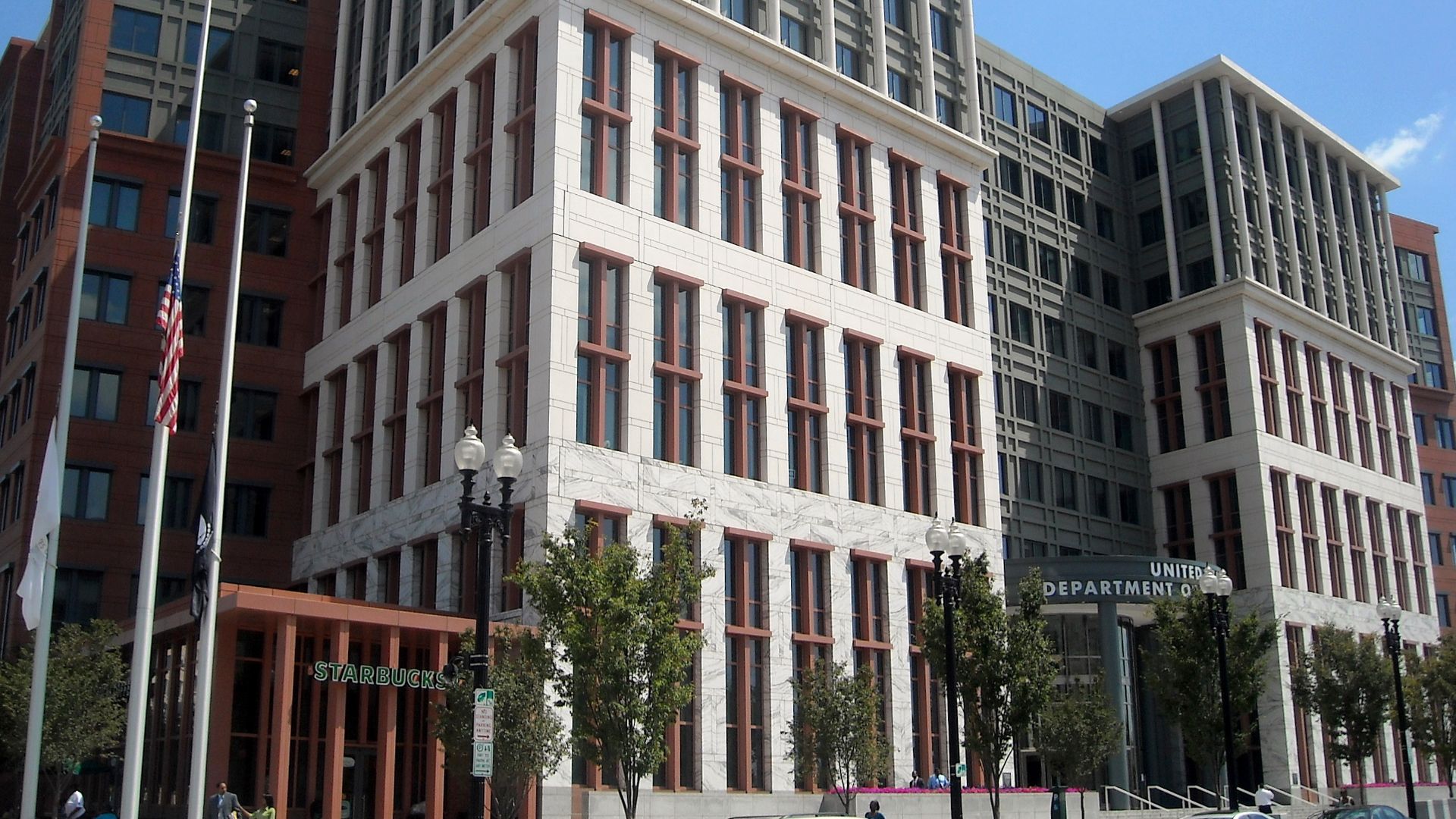 The entrance to the United States Department of Transportation headquarters (as viewed from the intersection of M Street and New Jersey Avenue, S.E.), located at 1200 New Jersey Avenue, S.E., in the Navy Yard neighborhood of Washington, D.C.