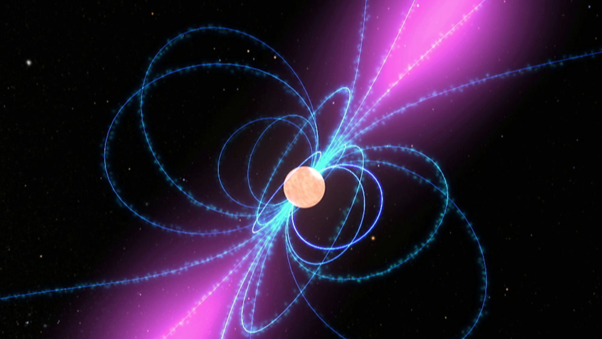 Clouds of charged particles move along the pulsar's magnetic field lines (blue) and create a lighthouse-like beam of gamma rays (purple) in this illustration.