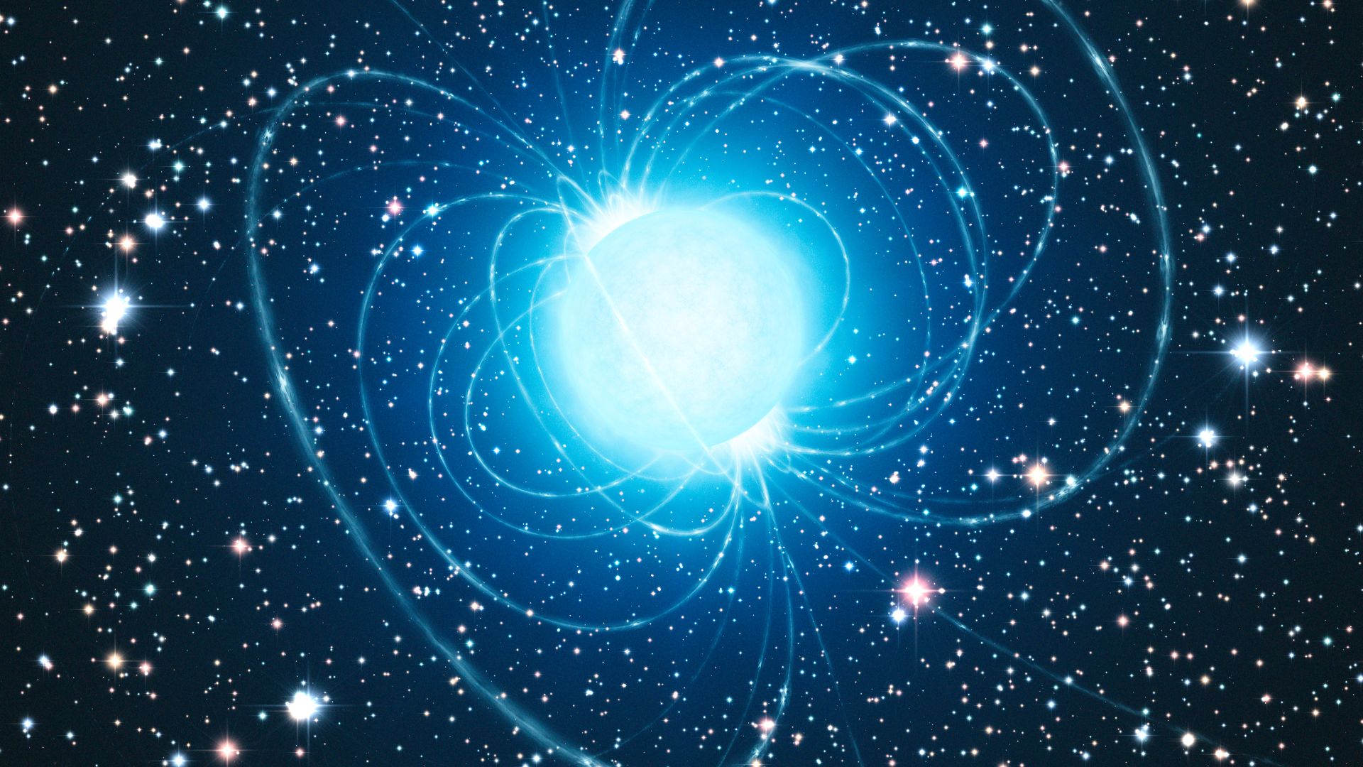 This artist’s impression shows the magnetar in the very rich and young star cluster Westerlund 1. This remarkable cluster contains hundreds of very massive stars, some shining with a brilliance of almost one million suns. European astronomers have for the