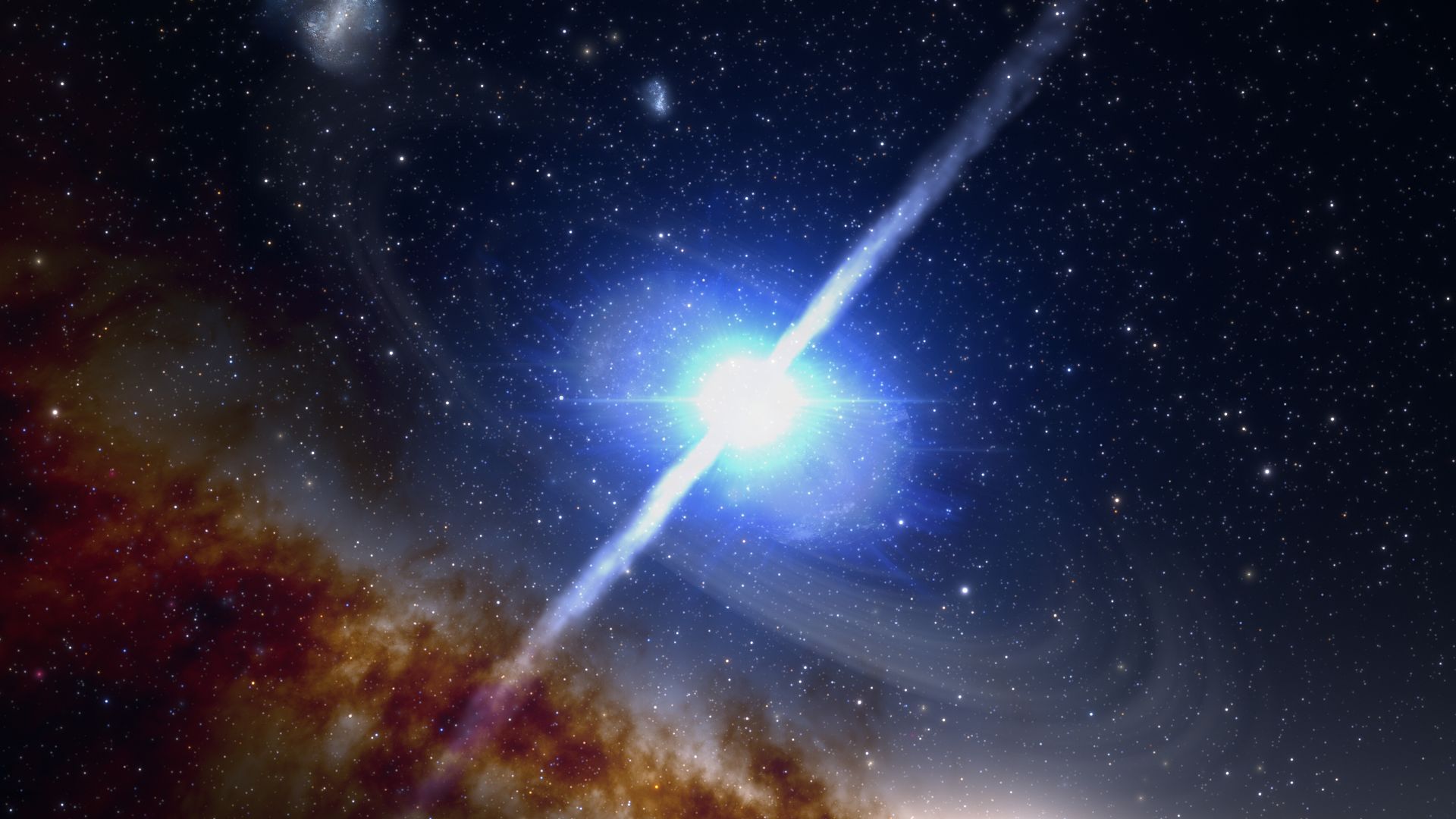 This artist's impression illustrates the merger of two neutron stars, which produces the remarkably brief (1- to 2-second) yet intensely powerful event known as a short gamma-ray burst. The corresponding explosion, known as a kilonova, also forges the hea