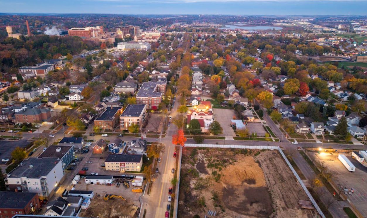 Stunning aerial view of Rochester, Minnesota's colorful autumn landscape at sunset
