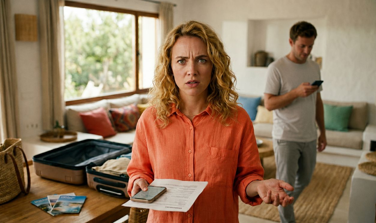 annoyed woman holding a document and phone