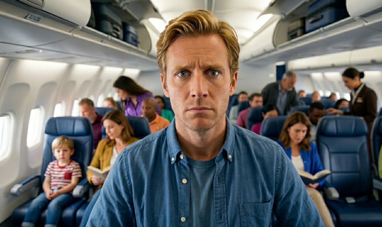frustrated man inside airplane