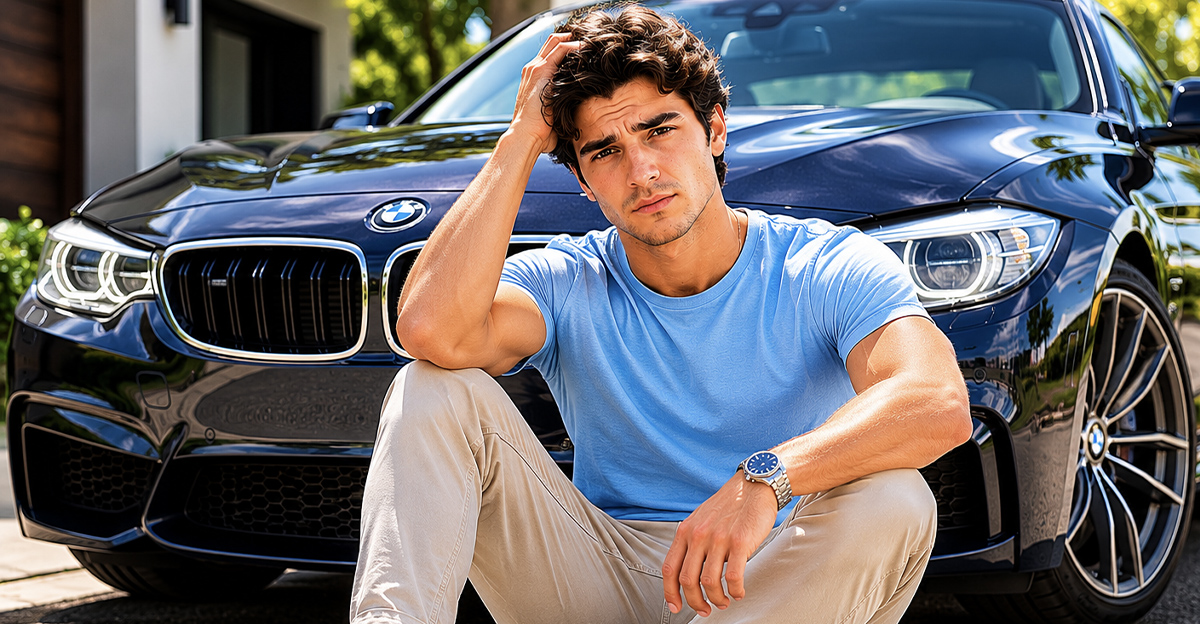 AI-generated image of a young man worried about his expensive car payments.