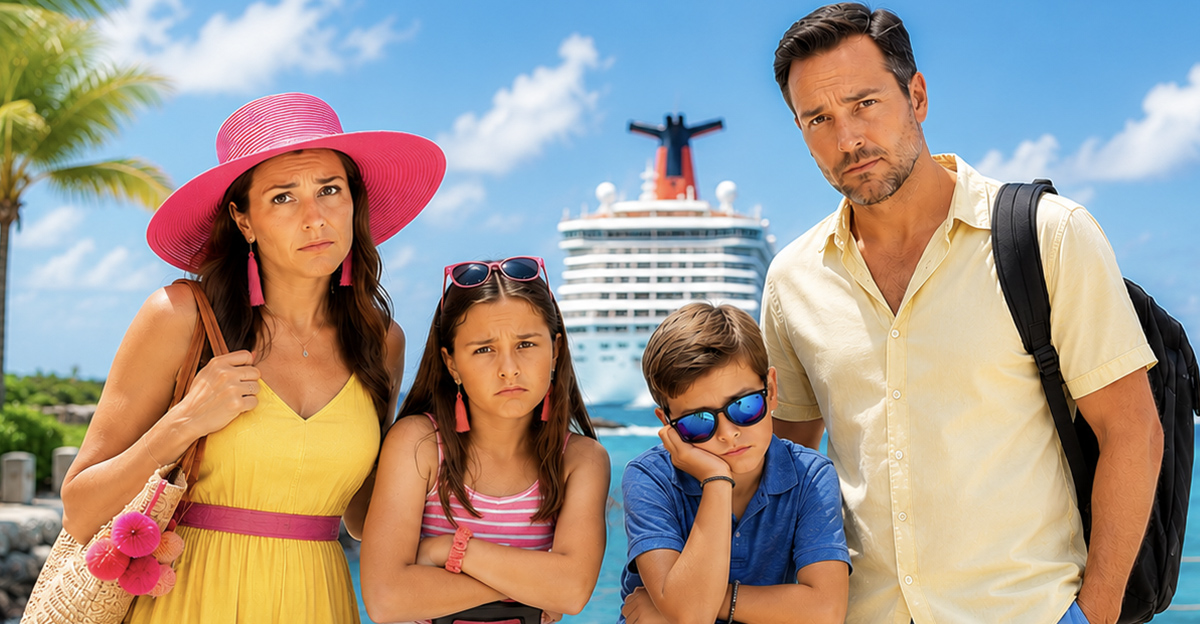 AI-generated image of a family stranded by their cruise ship.