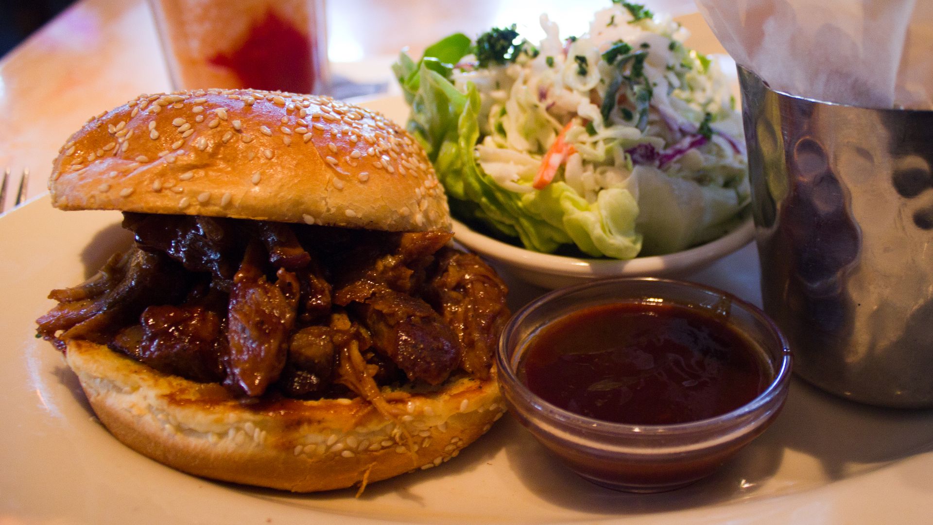 Slow Roasted Pork Covered with Our B.B.Q. Sauce on a Brioche Bun. Served with Cole Slaw, and French Fries or Green Salad (from the Cheesecake Factory menu)