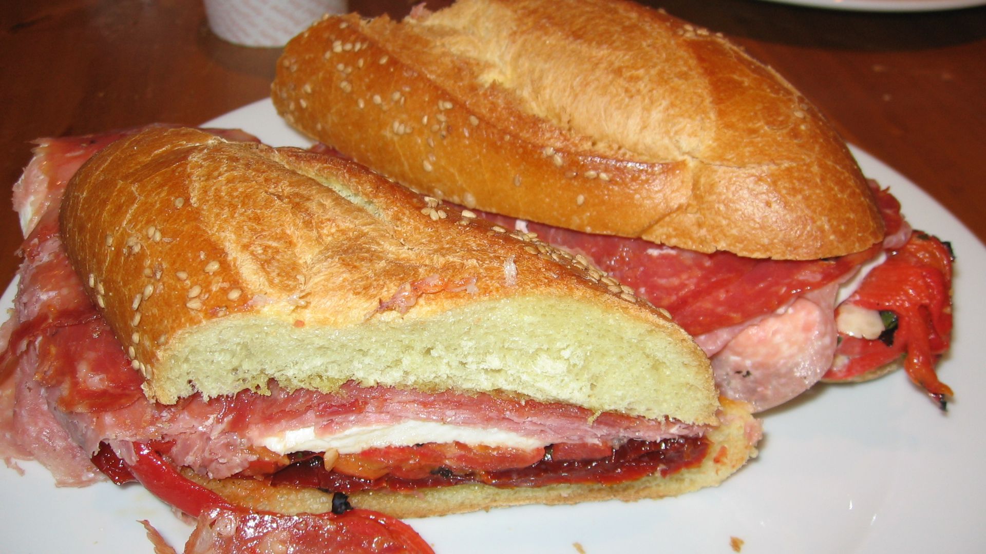 Italian sub sandwich with meat and mozzarella