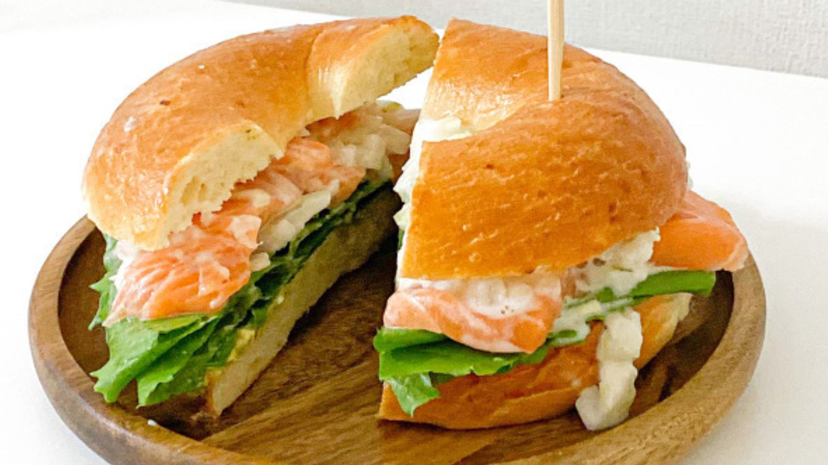 Homemade salmon bagel sandwich