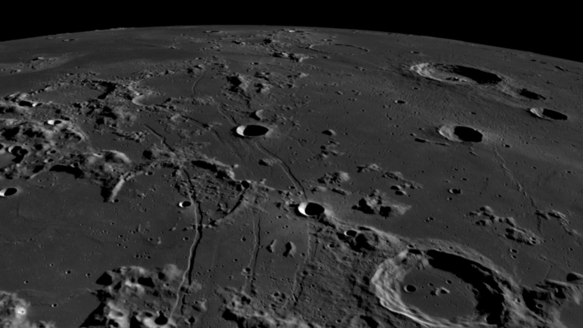 An oblique view (generated with Quickmap) of Rimae Hippalus, showing the extent of the grabens, which span over 250 kilometers across the southern hemisphere. The image width is roughly 150 kilometers at the bottom, and 500 kilometers on the horizon. The 