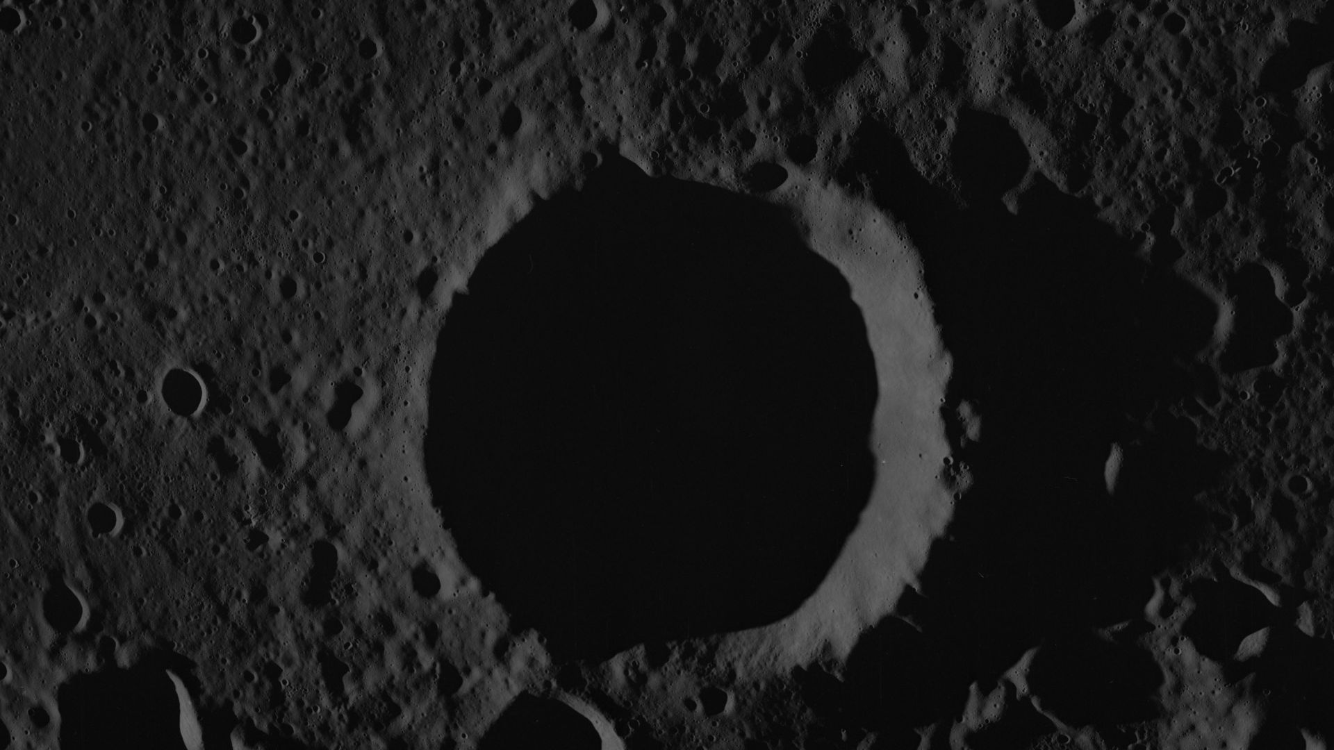 Scope and content:  The original database describes this as:
Description: Apollo 8,Moon, Farside. Image taken on Revolution 8. Latitude 04 degrees South,Longitude 157 degrees West. Camera Tilt Mode: Convergent Stereo (CS).  Sun Angle 03 degrees. Original 