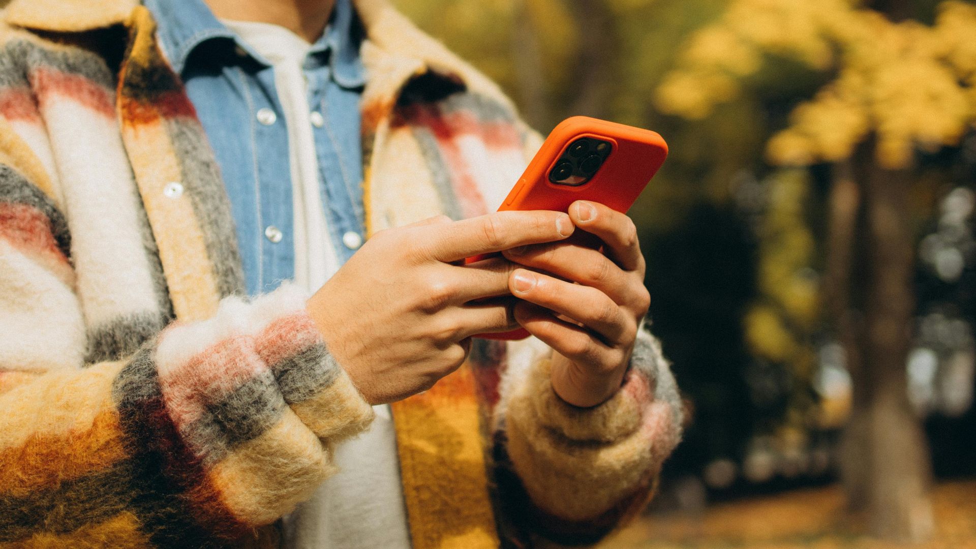 Person in checkered jacket using smartphone outside during autumn day.