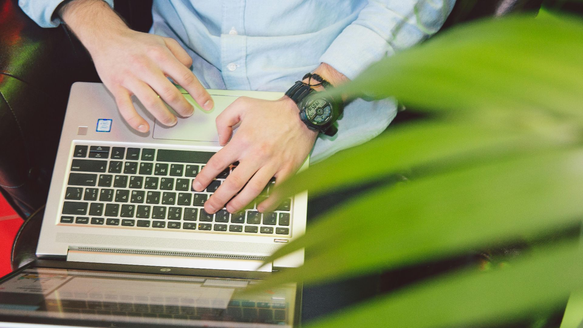 Man working remotely on a laptop surrounded by greenery, showcasing modern work lifestyle.
