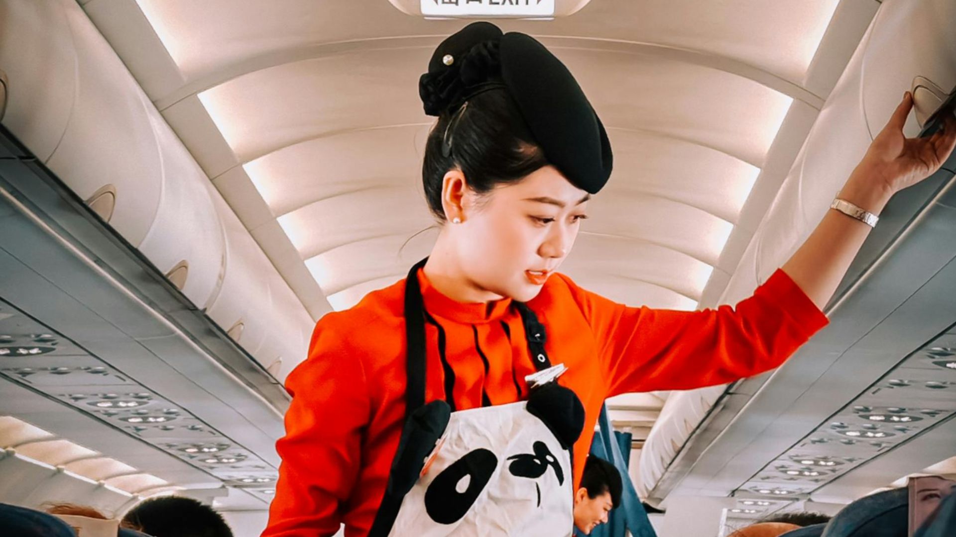 Flight attendant in panda-themed apron assisting passengers during flight.