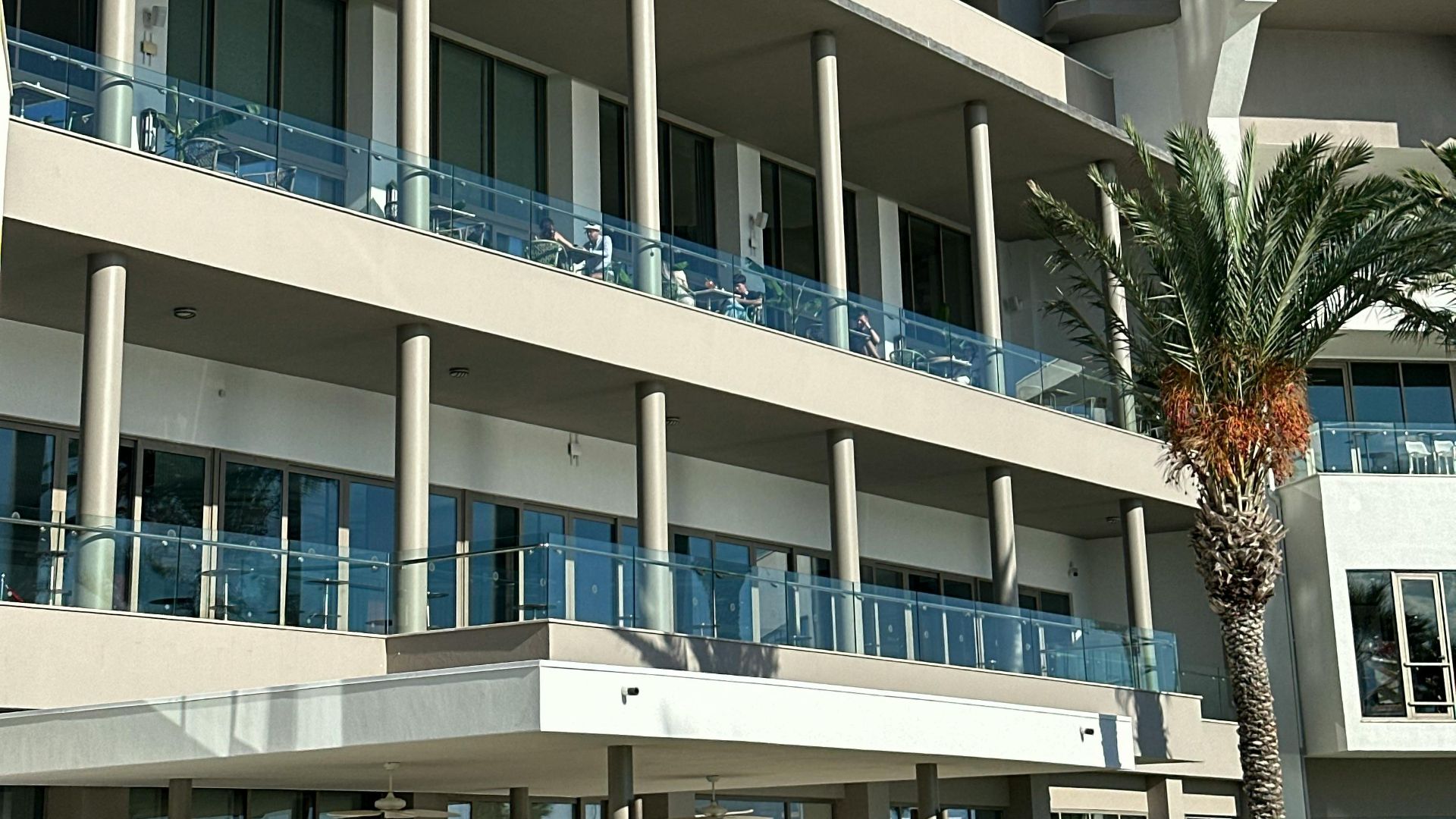 Contemporary hotel architecture with palm tree and balconies, captured in daylight.