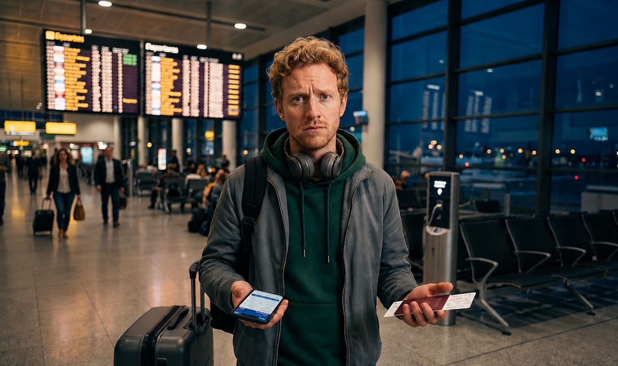 confused and sad man at the airport, with luggage, tickets, and phone in hand