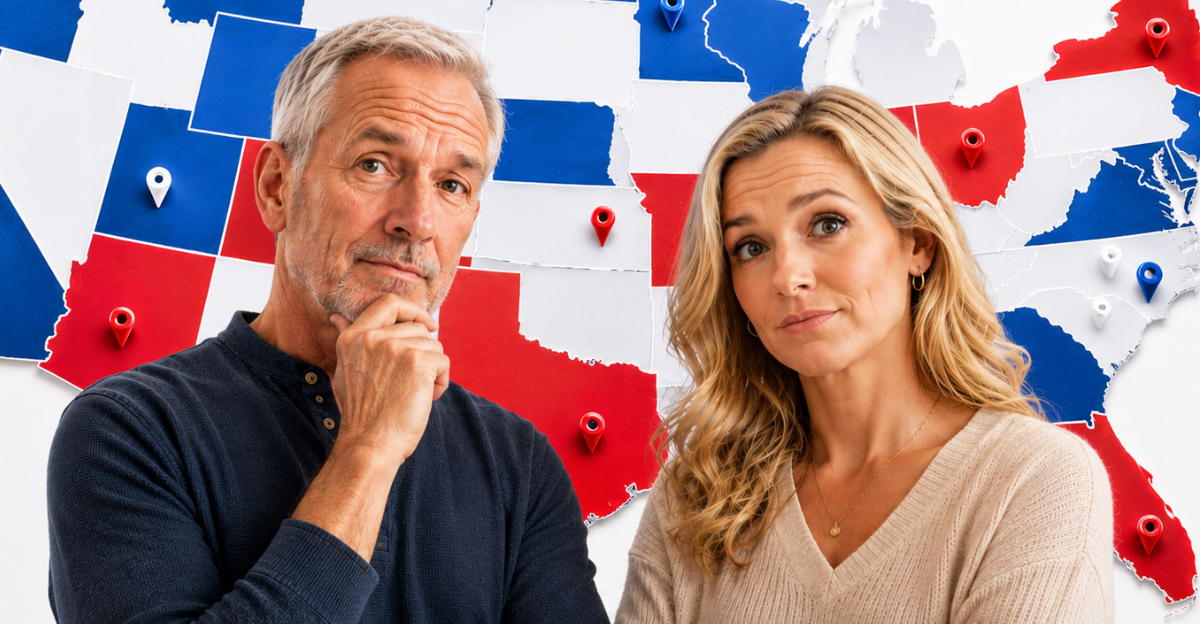 Red, White, Blue American Map Man and Woman in forground