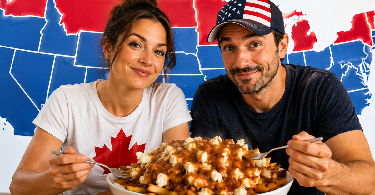 Canadian woman and American man eating poutine, USA map in background