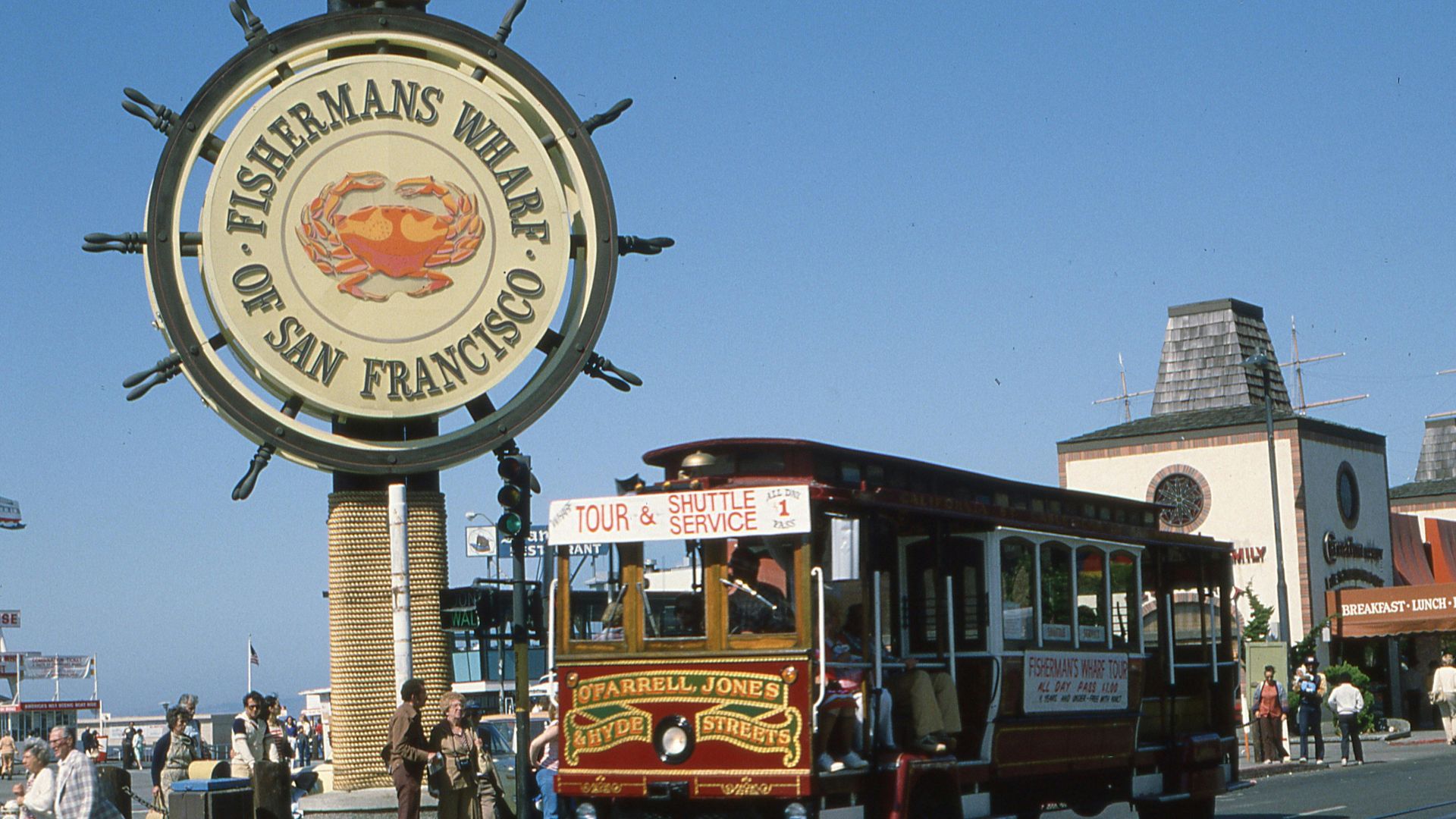 View of Fisherman's Wharf with vintage cable car in San Francisco.