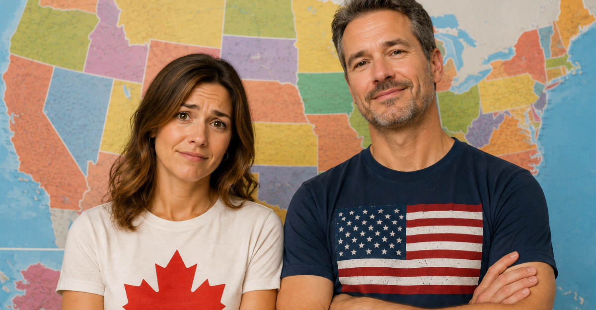 Canadian Woman, American Man, USA Map Background