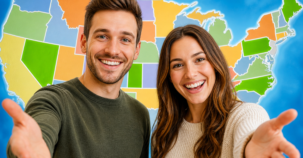 happy people USA map background