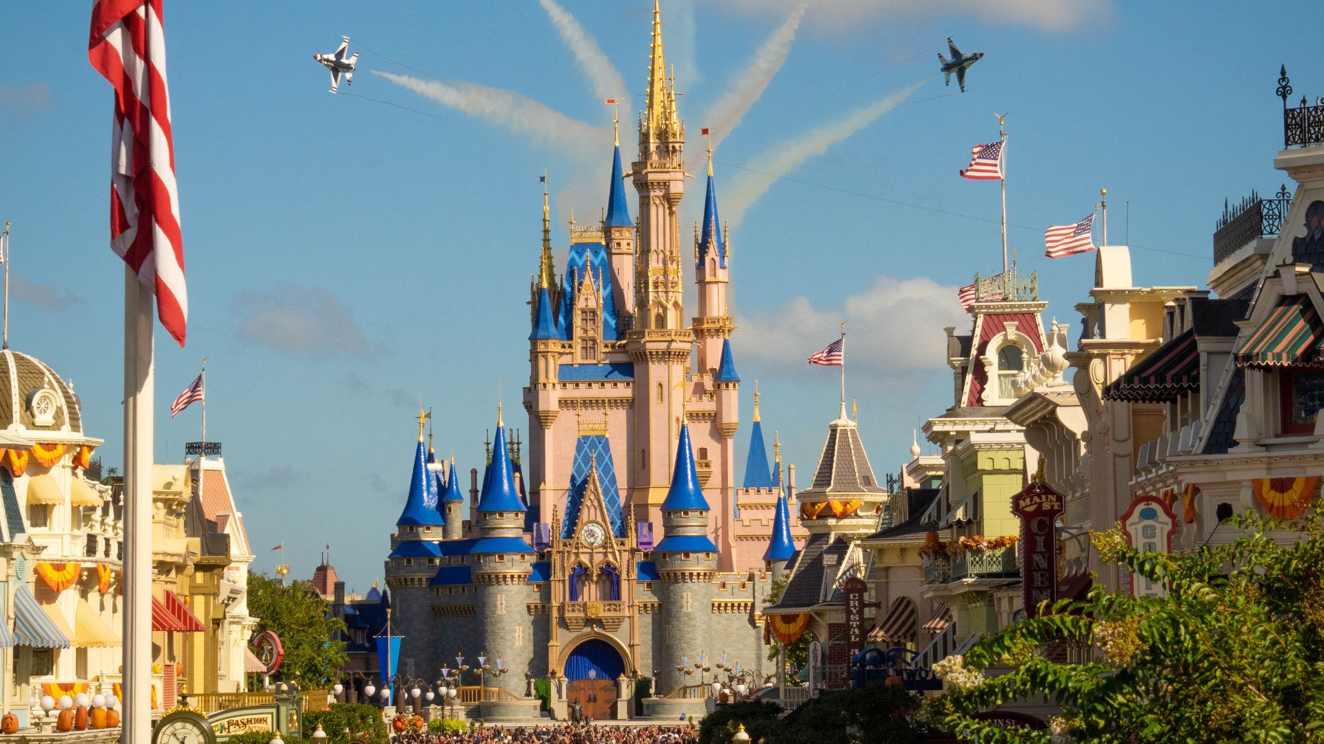 The United States Air Force Air Demonstration Squadron “Thunderbirds” perform a flyover over Magic Kingdom Park and EPCOT, Florida., October 30, 2023. The Thunderbirds performed the flyover to help kick off National Veterans and Military Family Month. (U.