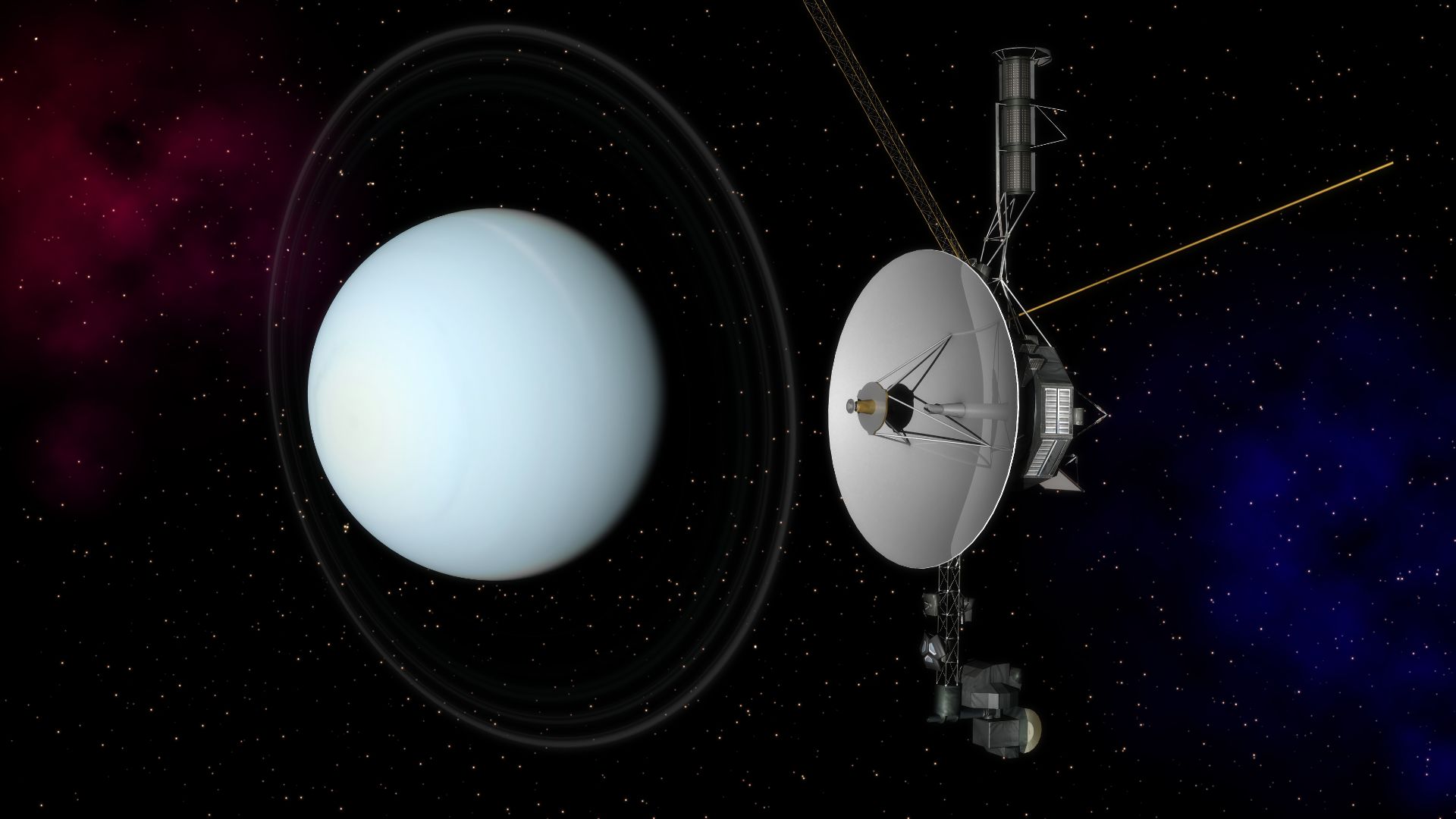 Rendered in Autodesk Maya (Mental Ray), post processed in Adobe Photoshop. 
Uranus Textures: planetpixelemporium.com/uranus.html

Voyager Model: nasa3d.arc.nasa.gov/detail/jpl-vtad-voyager (converted for Maya)