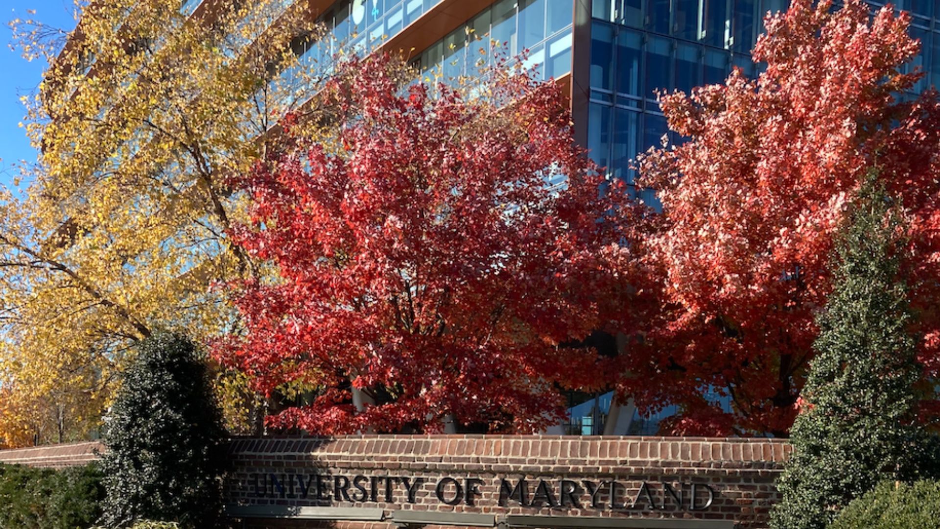a picture of the University of Maryland entrance by the Brendan Iribe Center for Computer Science. This picture was taken in the Fall of 2020