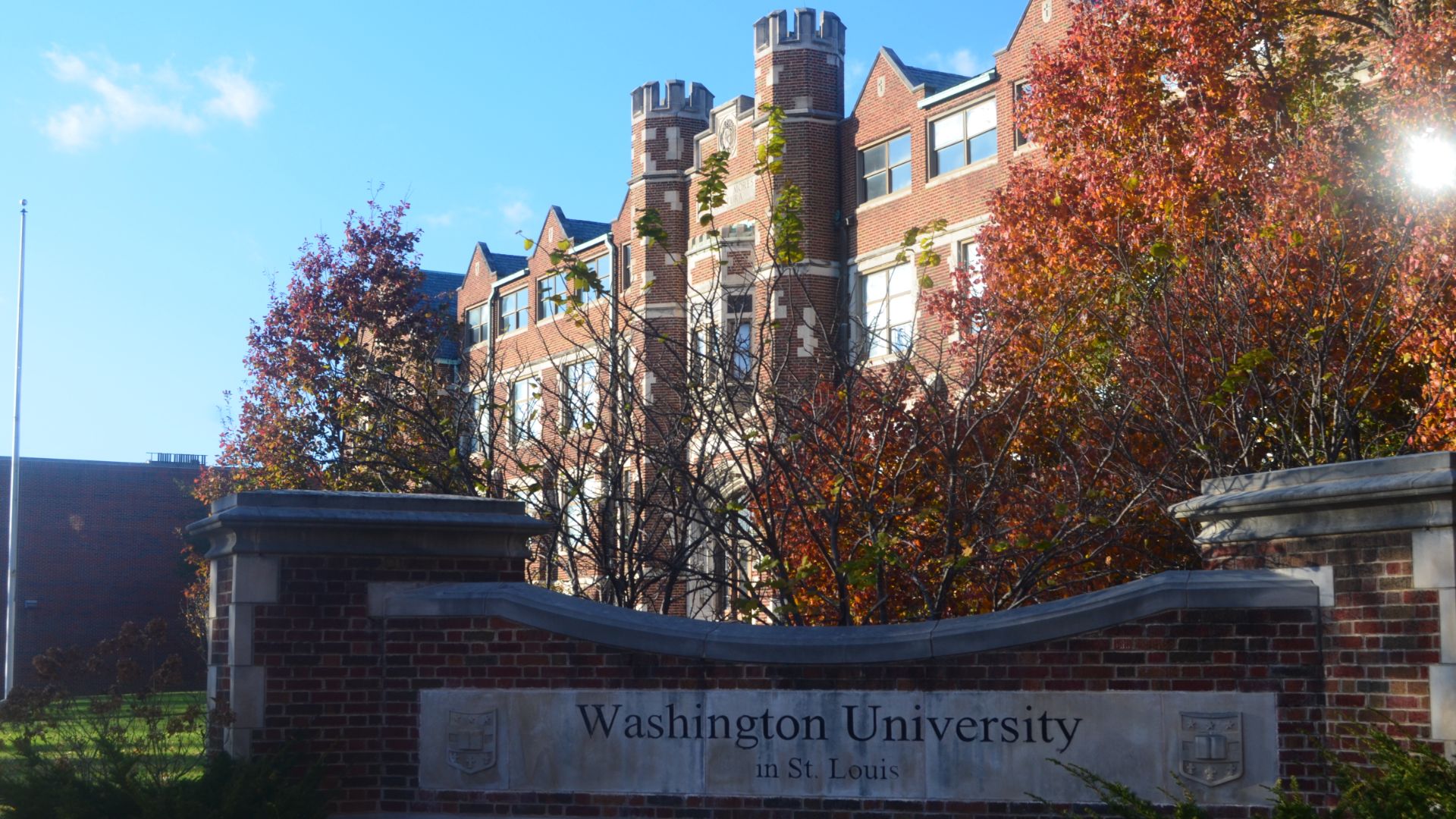 Exterior shot of building on Washington University in Fall