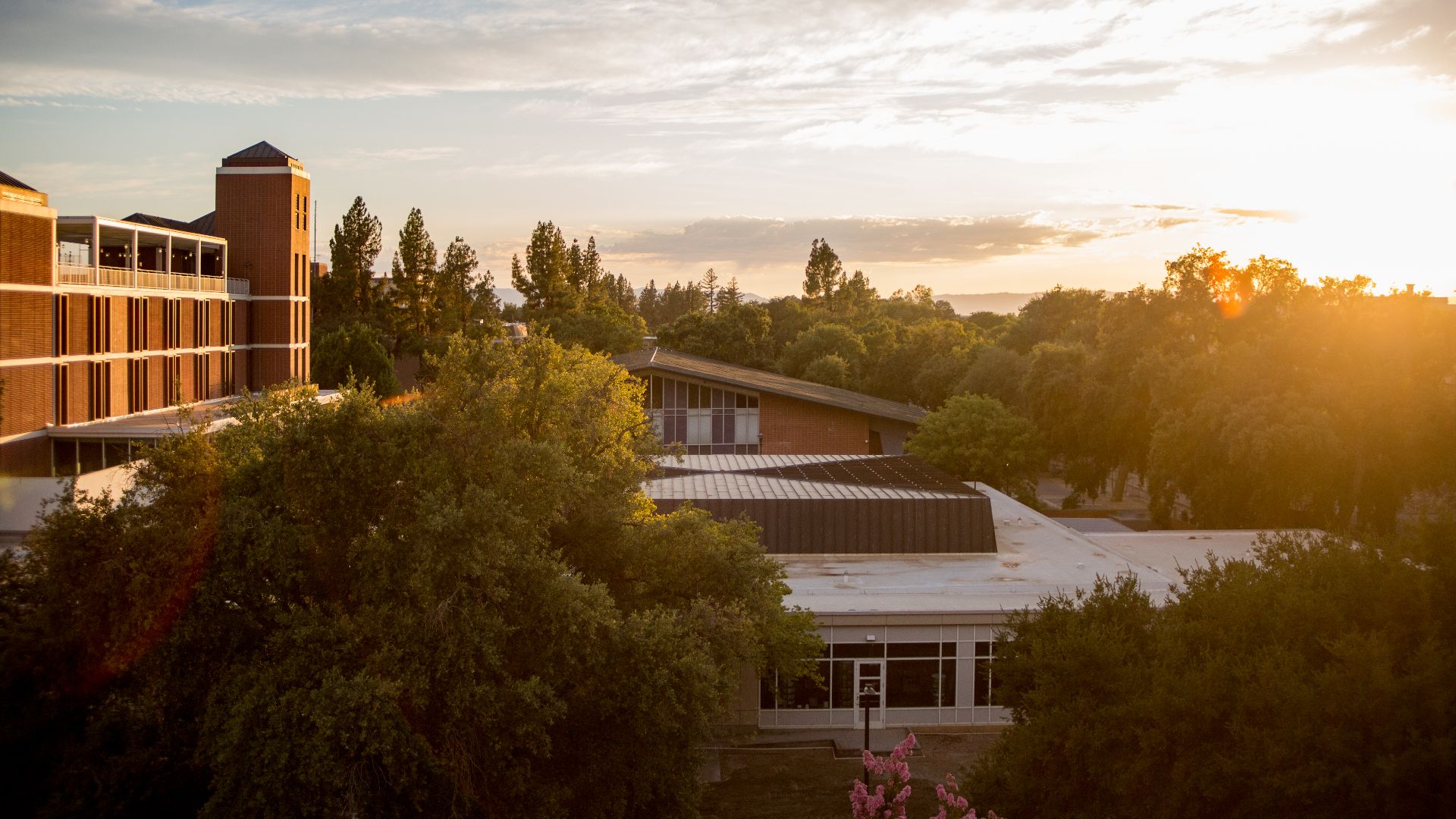 Looking west from the UC Davis Social Sciences & Humanities Building. In the forefront is the Memorial Union bookstore, to the left is the Memorial Union main building, and in the background is Freeborn Hall.
