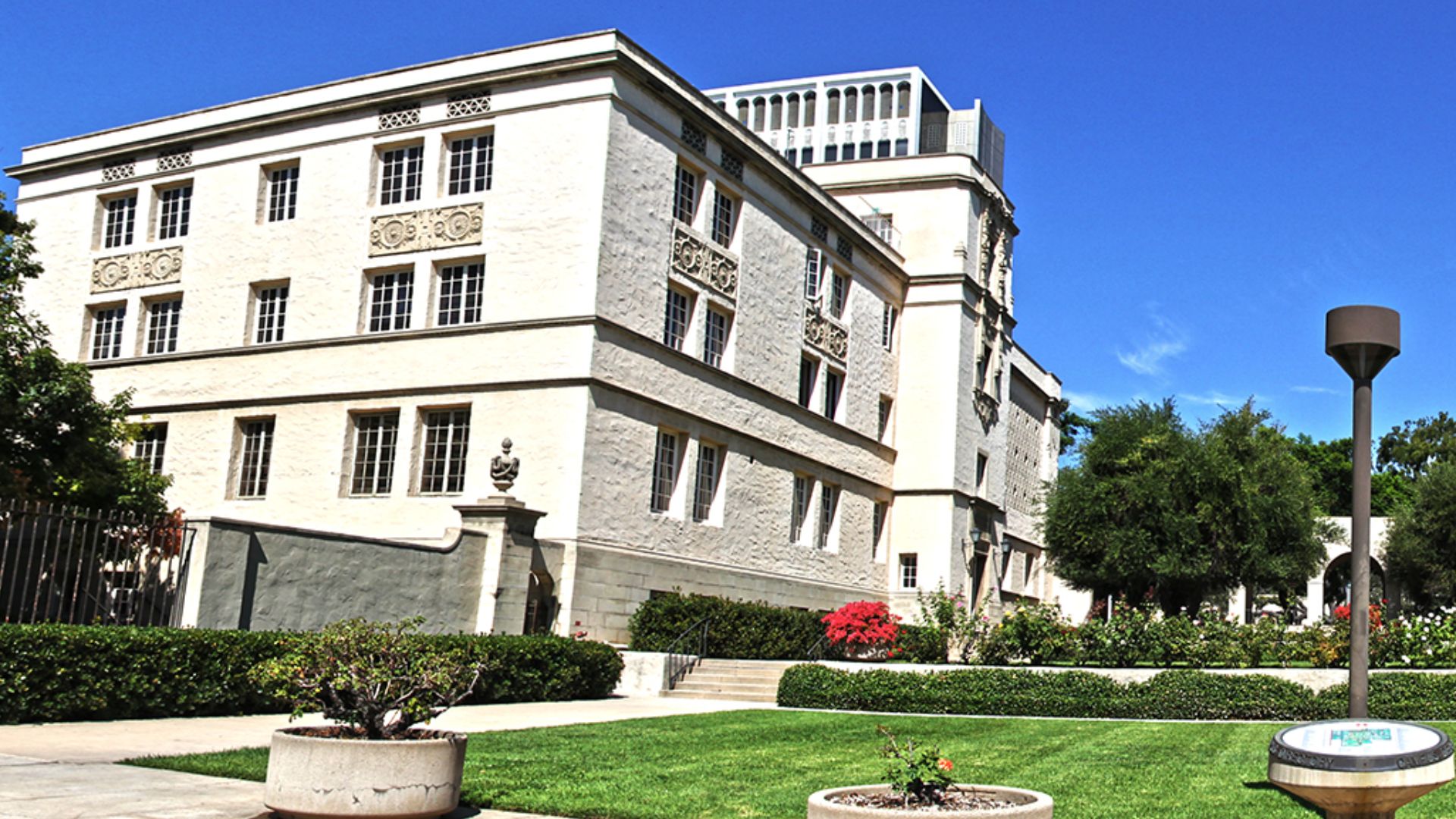 Caltech campus entrance — at 1200 East California Boulevard, in Pasadena, California. 
On the left is East Norman Bridge Laboratory of Physics, and on the right is the Alfred Sloan Laboratory of Mathematics and Physics.