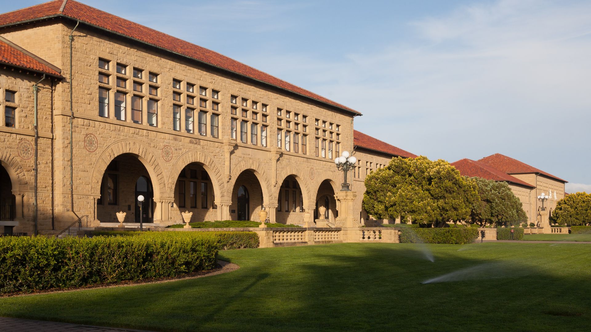 View of Wallenberg Hall on the Stanford University Main Quad.