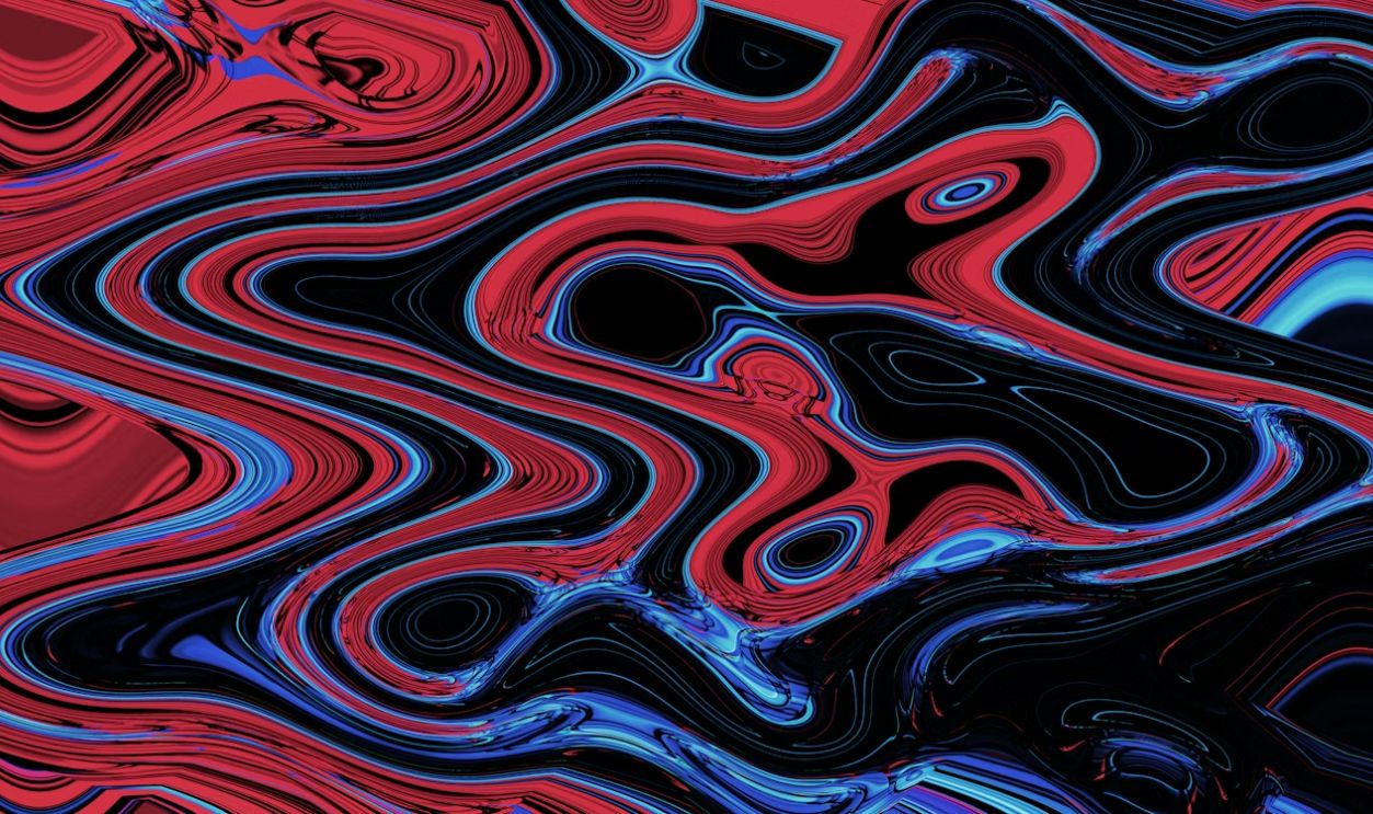 Abstract wave-like shapes in red, blue, and black.