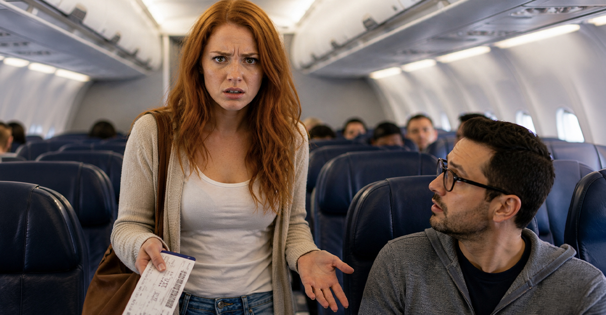 Red headed woman annoyed on an airplane.