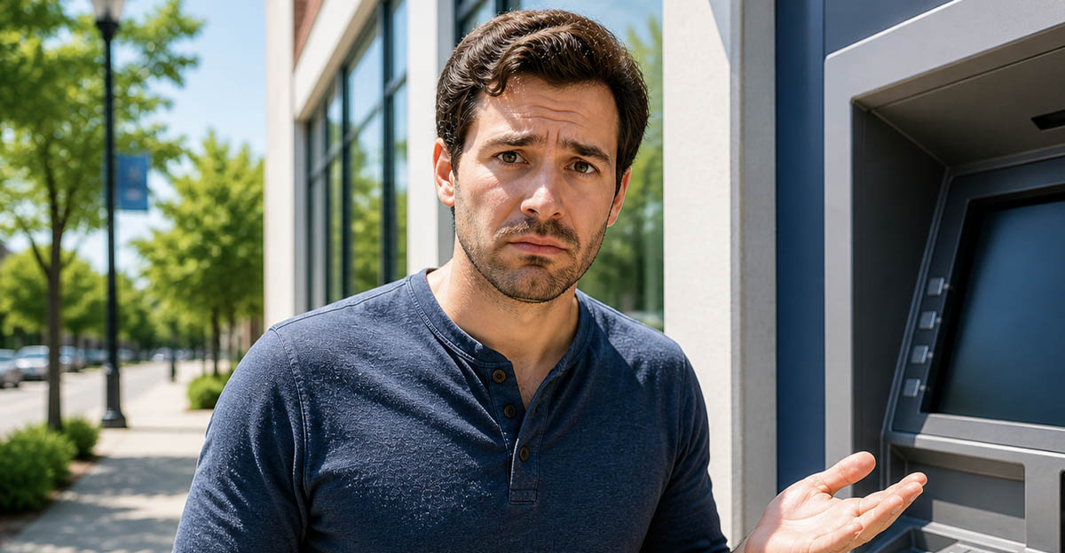AI-generated image of a man worried about an ATM error.