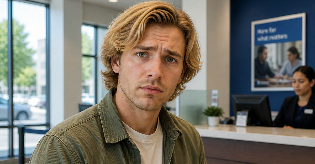 AI-generated image of a man worried about opening a bank account.