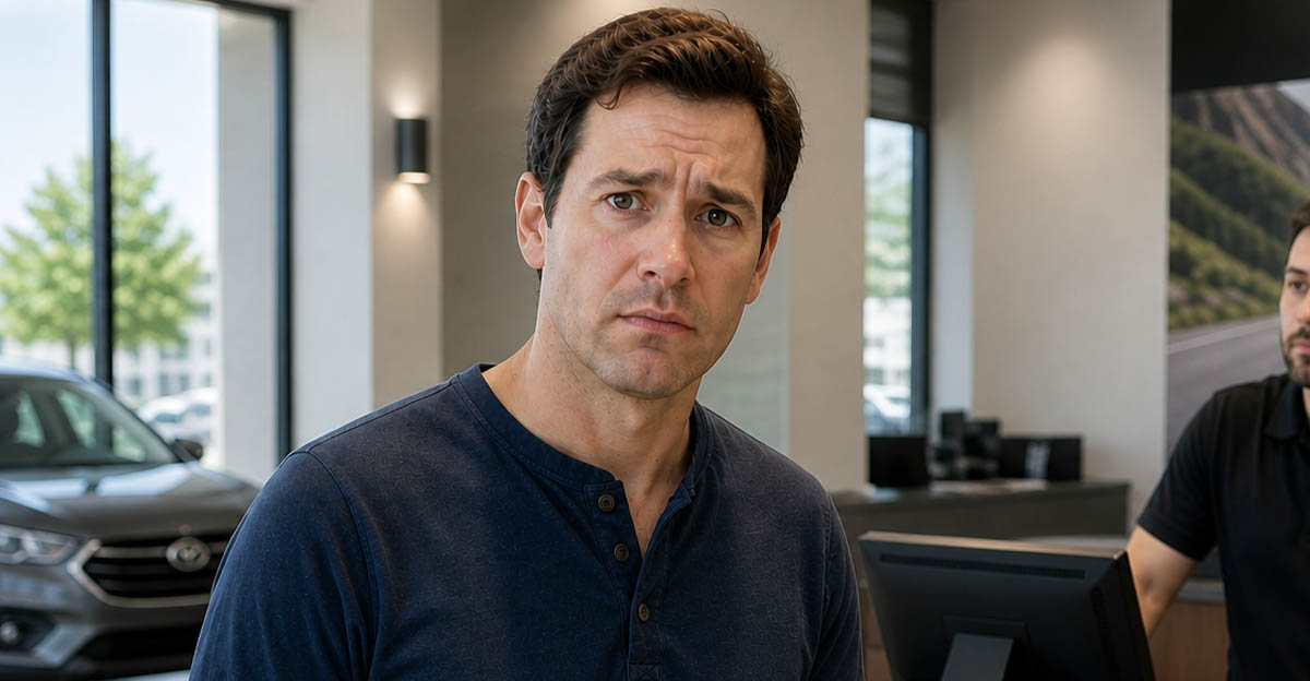 AI-generated image of a man worried about being denied a rental car.